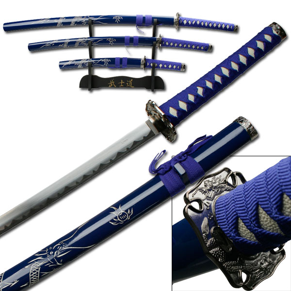3 Pc Good Quality Japanese Samurai Katana Sword Set Ninja Red Dragon with Stand 